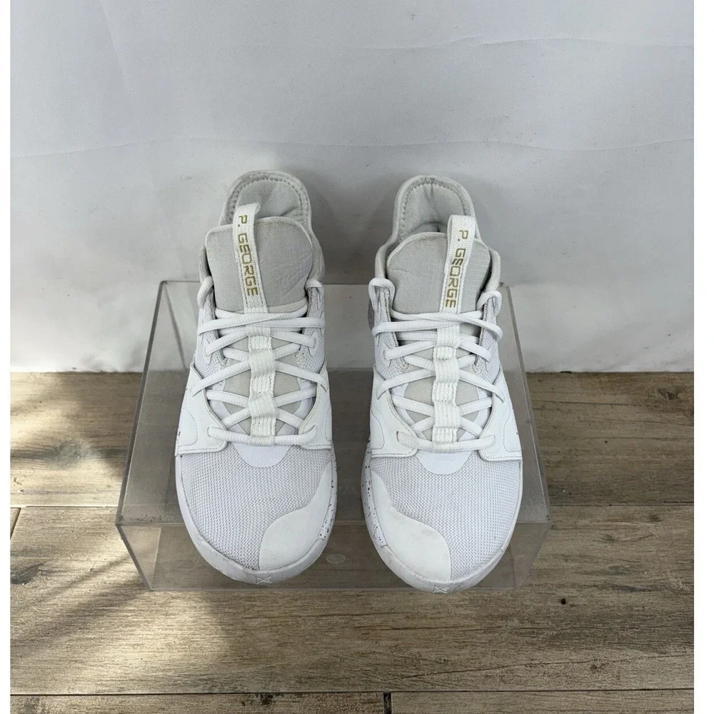 Nike PG 3 White Metallic Gold Speckled Basketball Shoes AV7928-991 Kids Size 7Y‎